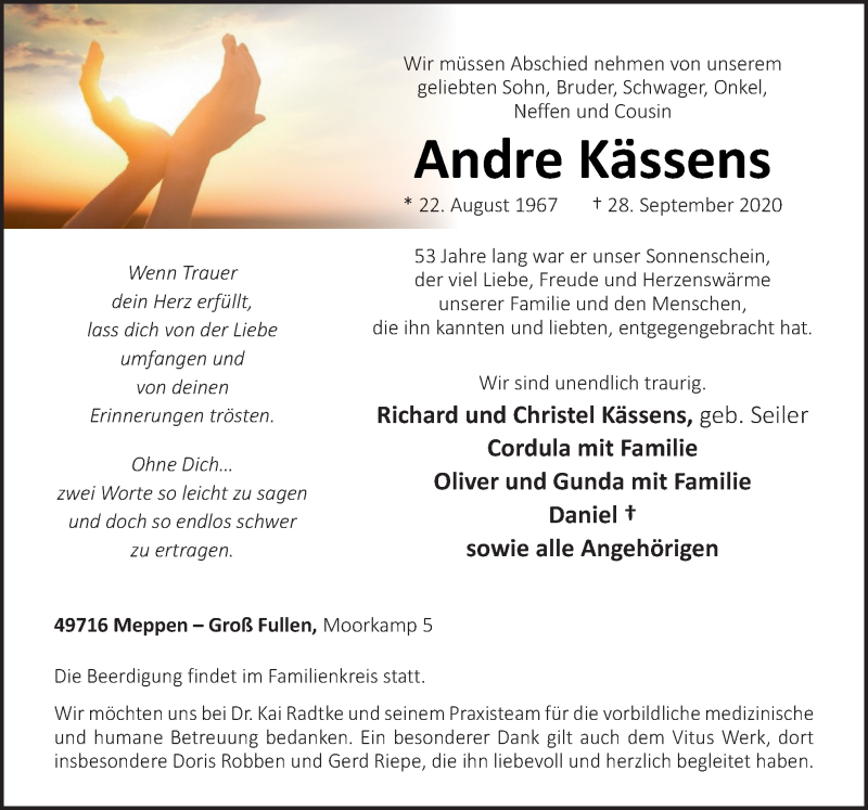  Traueranzeige für Andre Kässens vom 01.10.2020 aus Neue Osnabrücker Zeitung GmbH & Co. KG