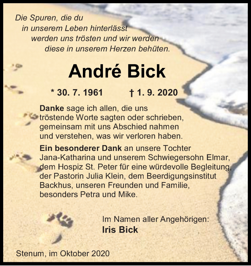  Traueranzeige für André Bick vom 02.10.2020 aus Neue Osnabrücker Zeitung GmbH & Co. KG