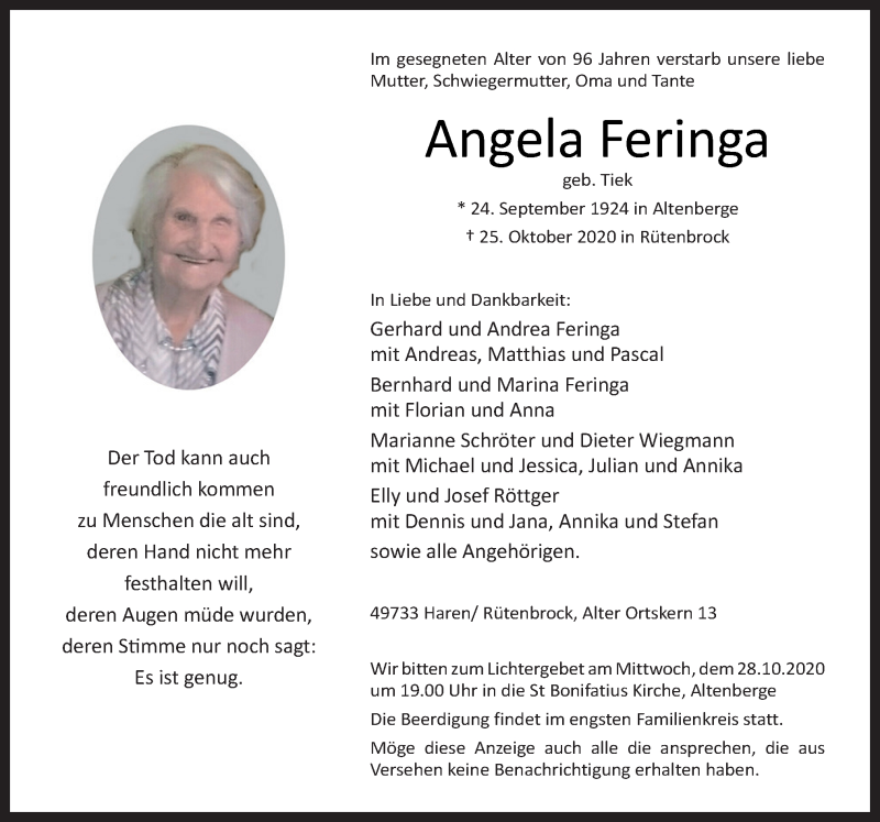  Traueranzeige für Angela Feringa vom 27.10.2020 aus Neue Osnabrücker Zeitung GmbH & Co. KG