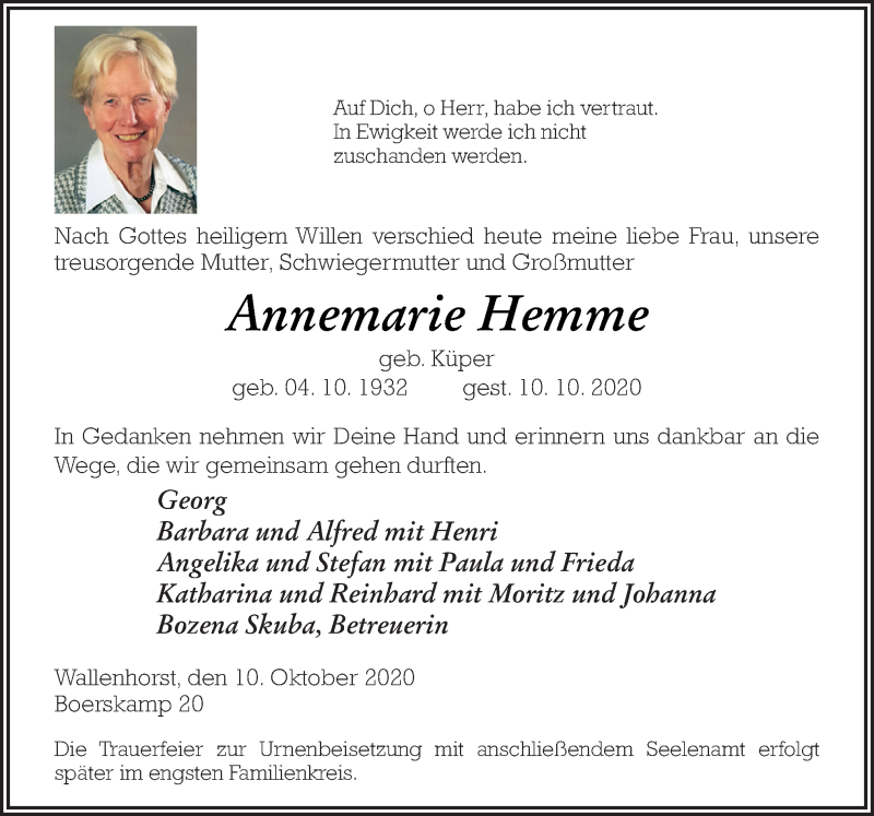  Traueranzeige für Annemarie Hemme vom 17.10.2020 aus Neue Osnabrücker Zeitung GmbH & Co. KG