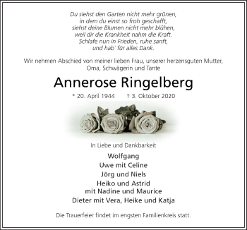 Traueranzeige von Annerose Ringelberg von Neue Osnabrücker Zeitung GmbH & Co. KG
