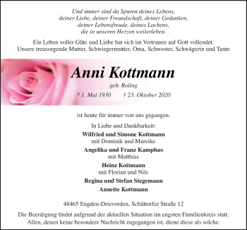 Traueranzeige von Anni Kottmann von Neue Osnabrücker Zeitung GmbH & Co. KG
