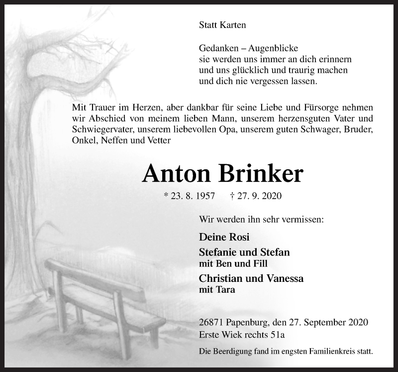 Traueranzeige für Anton Brinker vom 09.10.2020 aus Neue Osnabrücker Zeitung GmbH & Co. KG