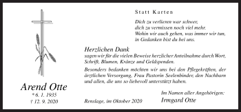 Traueranzeige von Arend Otte von Neue Osnabrücker Zeitung GmbH & Co. KG