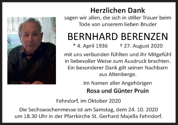 Traueranzeige von Bernhard Berenzen von Neue Osnabrücker Zeitung GmbH & Co. KG