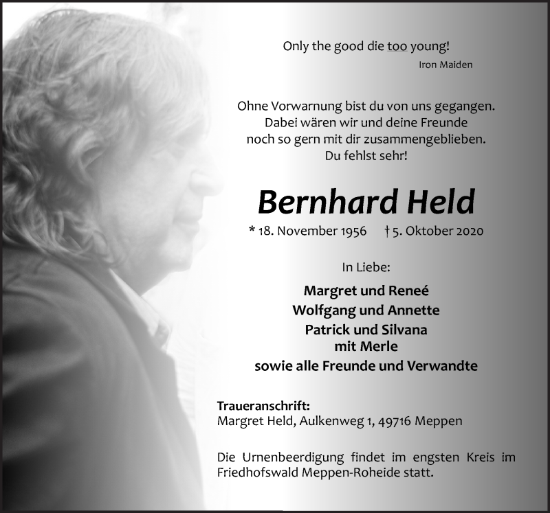  Traueranzeige für Bernhard Held vom 10.10.2020 aus Neue Osnabrücker Zeitung GmbH & Co. KG