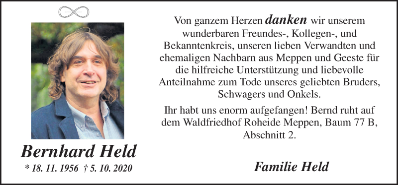  Traueranzeige für Bernhard Held vom 24.10.2020 aus Neue Osnabrücker Zeitung GmbH & Co. KG