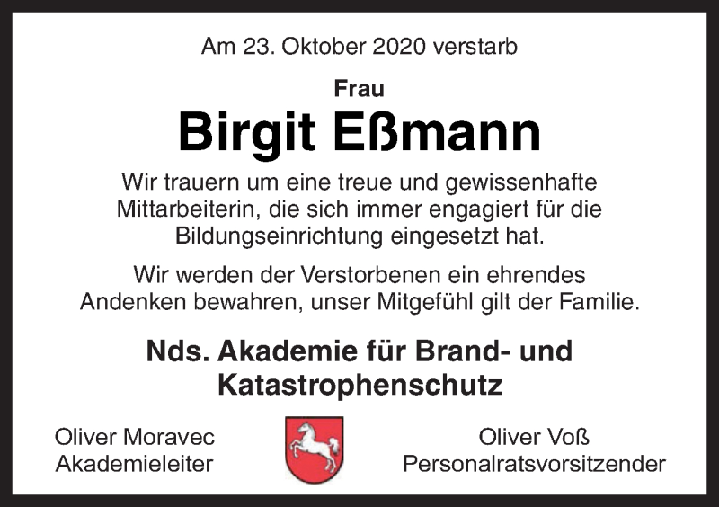  Traueranzeige für Birgit Eßmann vom 28.10.2020 aus Neue Osnabrücker Zeitung GmbH & Co. KG