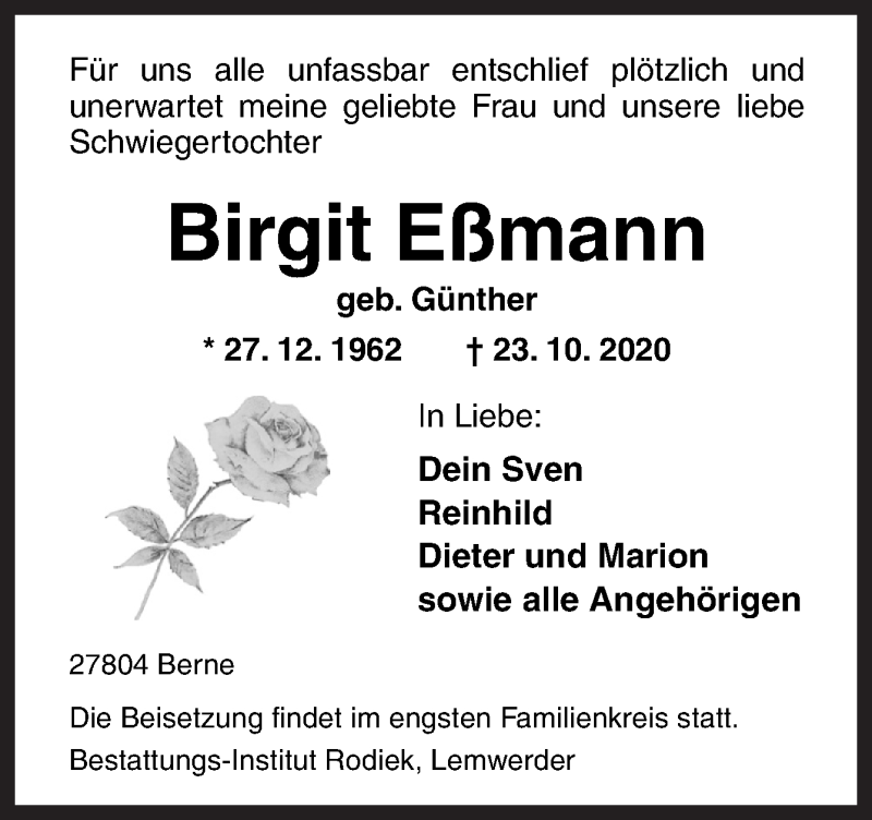  Traueranzeige für Birgit Eßmann vom 28.10.2020 aus Neue Osnabrücker Zeitung GmbH & Co. KG