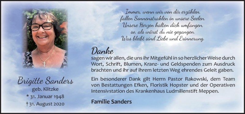  Traueranzeige für Brigitte Sanders vom 14.10.2020 aus Neue Osnabrücker Zeitung GmbH & Co. KG