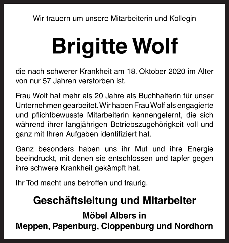  Traueranzeige für Brigitte Wolf vom 22.10.2020 aus Neue Osnabrücker Zeitung GmbH & Co. KG