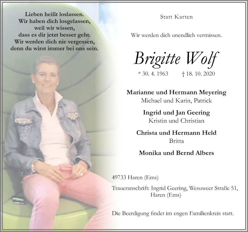  Traueranzeige für Brigitte Wolf vom 21.10.2020 aus Neue Osnabrücker Zeitung GmbH & Co. KG