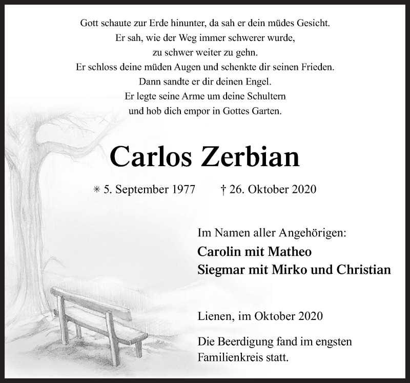  Traueranzeige für Carlos Zerbian vom 30.10.2020 aus Neue Osnabrücker Zeitung GmbH & Co. KG