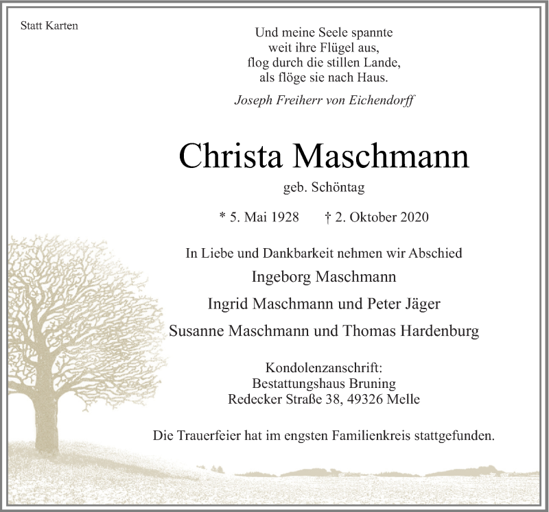  Traueranzeige für Christa Maschmann vom 10.10.2020 aus Neue Osnabrücker Zeitung GmbH & Co. KG