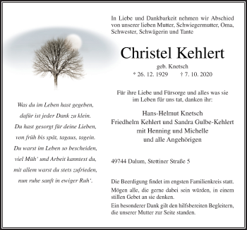 Traueranzeige von Christel Kehlert von Neue Osnabrücker Zeitung GmbH & Co. KG