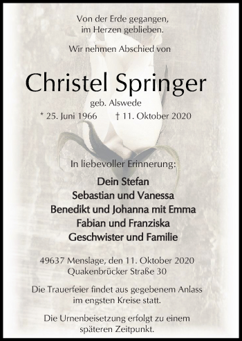 Traueranzeige von Christel Springer von Neue Osnabrücker Zeitung GmbH & Co. KG