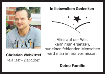 Traueranzeige von Christian Wohkittel von Neue Osnabrücker Zeitung GmbH & Co. KG