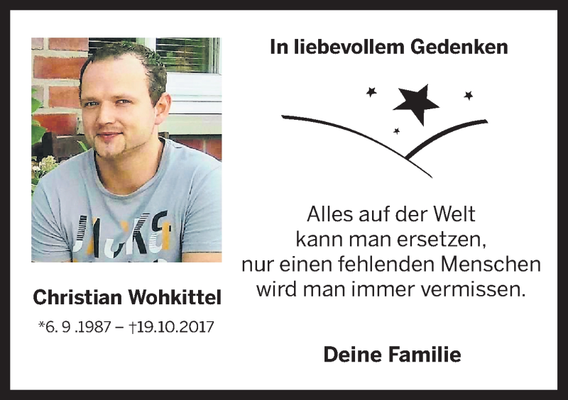  Traueranzeige für Christian Wohkittel vom 19.10.2020 aus Neue Osnabrücker Zeitung GmbH & Co. KG