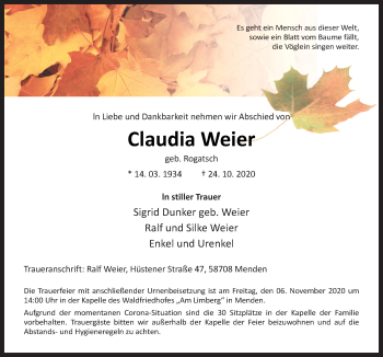 Traueranzeige von Claudia Weier von Neue Osnabrücker Zeitung GmbH & Co. KG