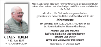 Traueranzeige von Claus Tieben von Neue Osnabrücker Zeitung GmbH & Co. KG