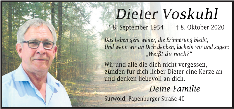  Traueranzeige für Dieter Voskuhl vom 19.10.2020 aus Neue Osnabrücker Zeitung GmbH & Co. KG