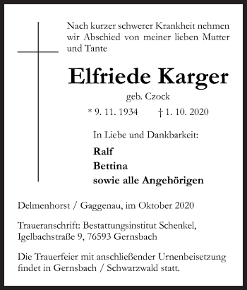 Traueranzeige von Elfriede Karger von Neue Osnabrücker Zeitung GmbH & Co. KG