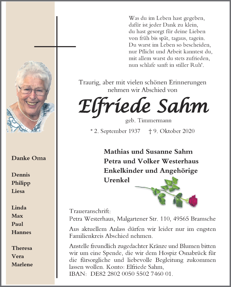  Traueranzeige für Elfriede Sahnm vom 12.10.2020 aus Neue Osnabrücker Zeitung GmbH & Co. KG