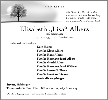 Traueranzeige von Elisabeth Albers von Neue Osnabrücker Zeitung GmbH & Co. KG