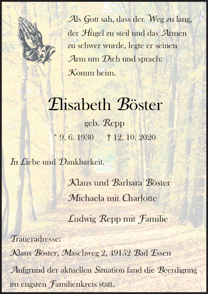  Traueranzeige für Elisabeth Böster vom 17.10.2020 aus Neue Osnabrücker Zeitung GmbH & Co. KG