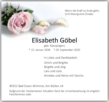 Traueranzeige von Elisabeth Göbel von Neue Osnabrücker Zeitung GmbH & Co. KG