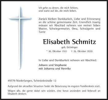 Traueranzeige von Elisabeth Schmitz von Neue Osnabrücker Zeitung GmbH & Co. KG