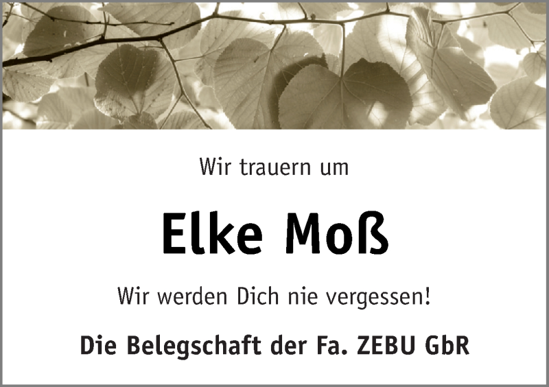  Traueranzeige für Elke Moß vom 20.10.2020 aus Neue Osnabrücker Zeitung GmbH & Co. KG