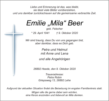 Traueranzeige von Emilie Beer von Neue Osnabrücker Zeitung GmbH & Co. KG