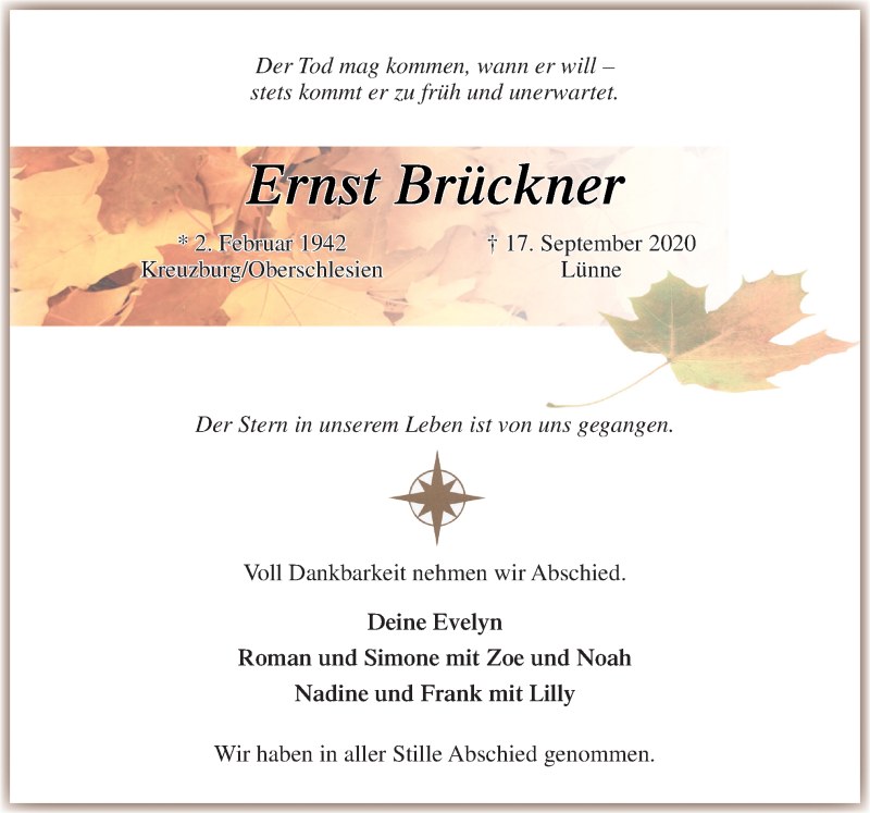  Traueranzeige für Ernst Brückner vom 19.10.2020 aus Neue Osnabrücker Zeitung GmbH & Co. KG