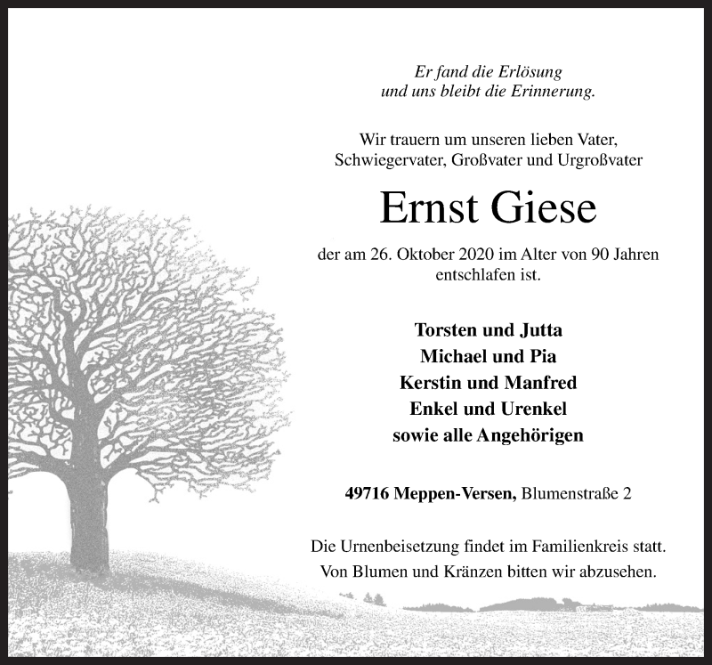  Traueranzeige für Ernst Giese vom 29.10.2020 aus Neue Osnabrücker Zeitung GmbH & Co. KG