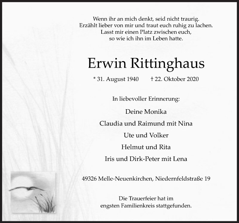  Traueranzeige für Erwin Rittinghaus vom 30.10.2020 aus Neue Osnabrücker Zeitung GmbH & Co. KG