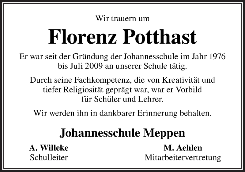  Traueranzeige für Florenz Potthast vom 30.10.2020 aus Neue Osnabrücker Zeitung GmbH & Co. KG
