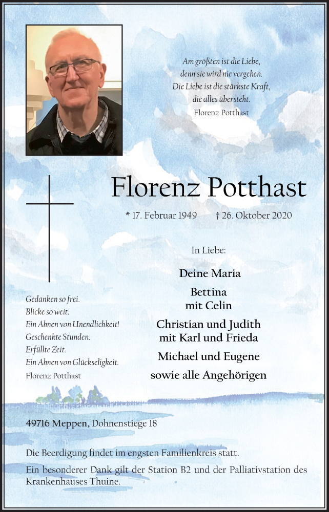 Traueranzeige für Florenz Potthast vom 28.10.2020 aus Neue Osnabrücker Zeitung GmbH & Co. KG