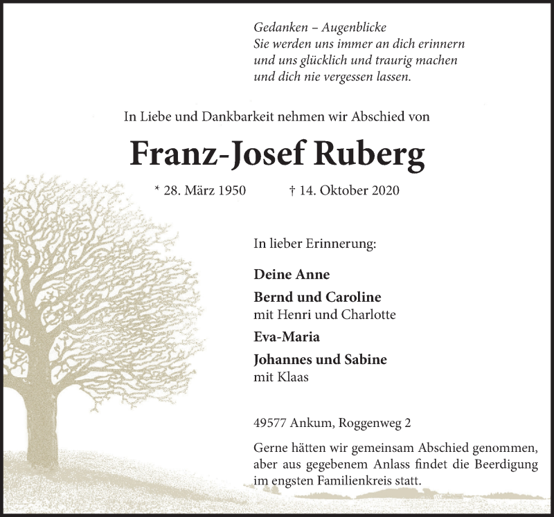  Traueranzeige für Franz-Josef Ruberg vom 20.10.2020 aus Neue Osnabrücker Zeitung GmbH & Co. KG