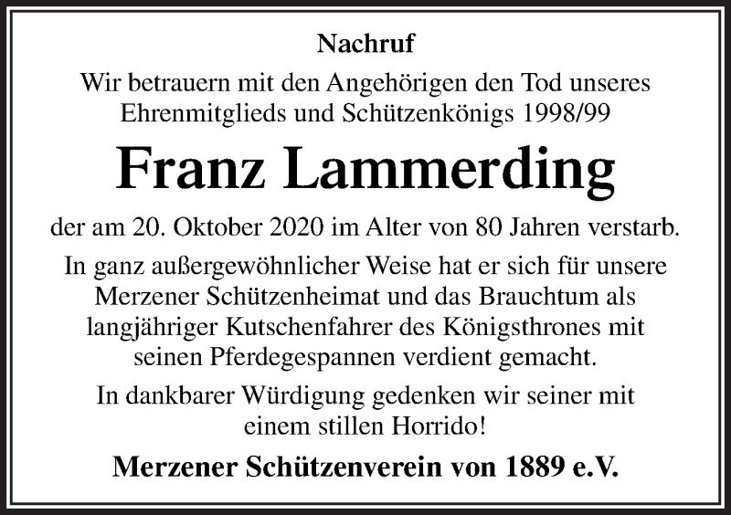  Traueranzeige für Franz Lammerding vom 22.10.2020 aus Neue Osnabrücker Zeitung GmbH & Co. KG