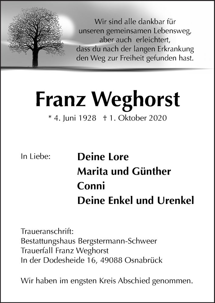  Traueranzeige für Franz Weghorst vom 24.10.2020 aus Neue Osnabrücker Zeitung GmbH & Co. KG