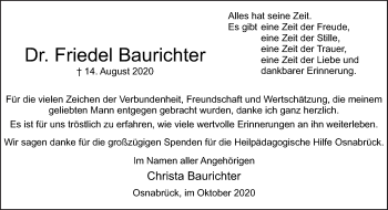 Traueranzeige von Friedel Baurichter von Neue Osnabrücker Zeitung GmbH & Co. KG