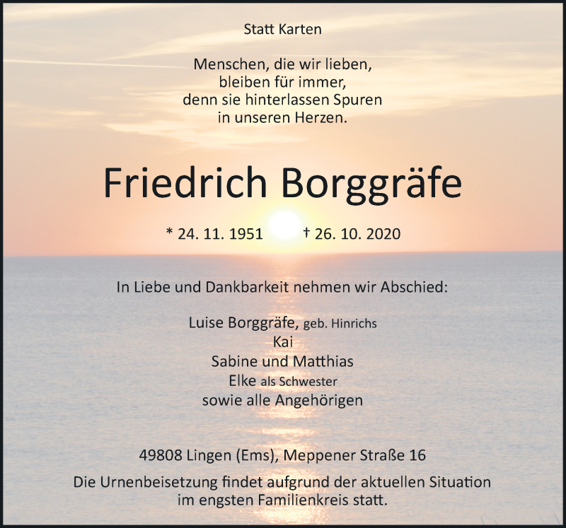  Traueranzeige für Friedrich Borggräfe vom 30.10.2020 aus Neue Osnabrücker Zeitung GmbH & Co. KG