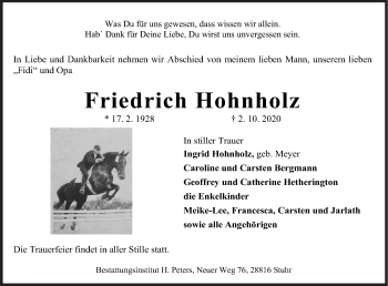 Traueranzeige von Friedrich Hohnholz von Neue Osnabrücker Zeitung GmbH & Co. KG