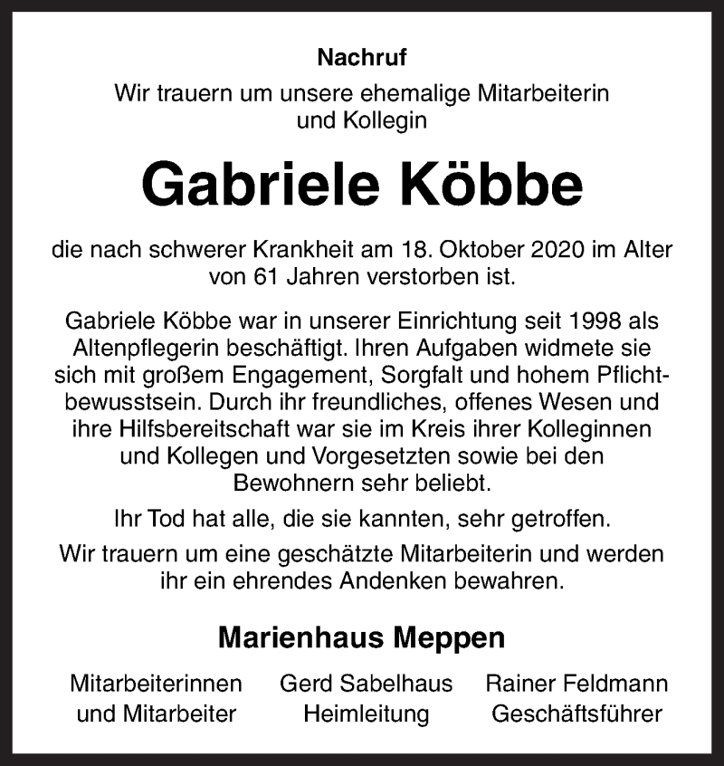 Traueranzeige für Gabriele Köbbe vom 24.10.2020 aus Neue Osnabrücker Zeitung GmbH & Co. KG