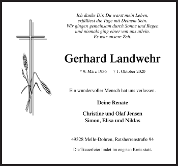 Traueranzeige von Gerhard Landwehr von Neue Osnabrücker Zeitung GmbH & Co. KG