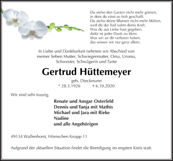 Traueranzeige von Gertrud Hüttemeyer von Neue Osnabrücker Zeitung GmbH & Co. KG