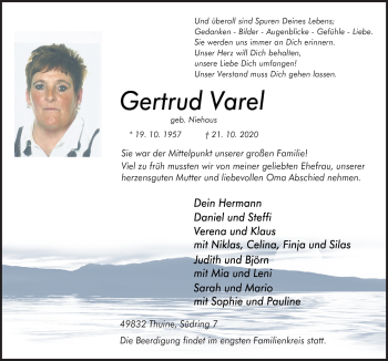 Traueranzeige von Gertrud Varel von Neue Osnabrücker Zeitung GmbH & Co. KG