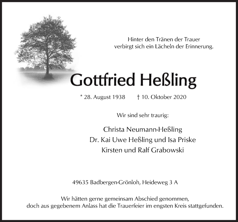  Traueranzeige für Gottfried Heßling vom 17.10.2020 aus Neue Osnabrücker Zeitung GmbH & Co. KG