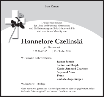 Traueranzeige von Hannelore Czelinski von Neue Osnabrücker Zeitung GmbH & Co. KG